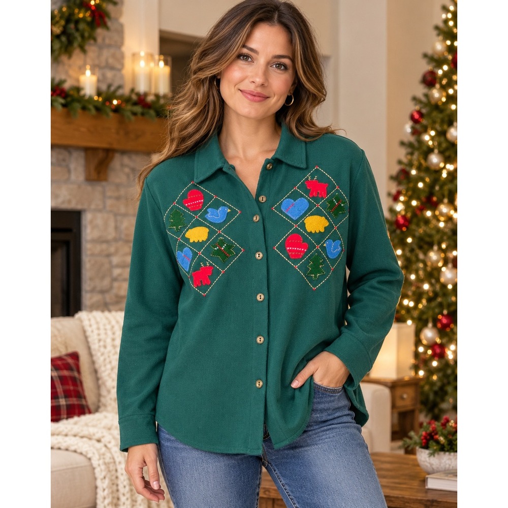 Teddi Blouse Green Vintage Embroidered Holiday Ribbed Knit XL 61501